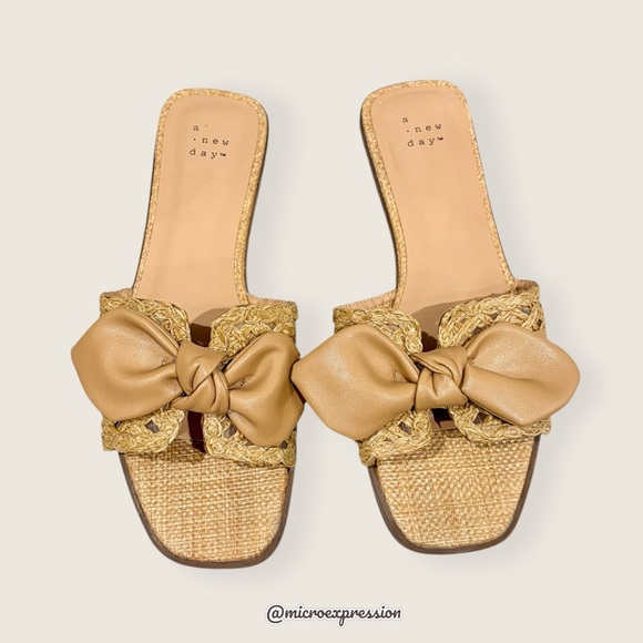 a new day Shoes - A New Day Bow Tie Cream Tan Woven Beach Summer Spring Casual Comfy Open Sandal